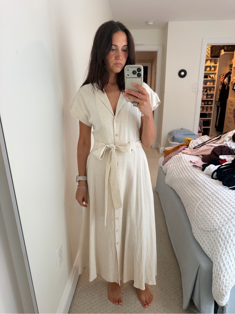 Cream V-Neck Buttondown A Line Shirt Dress with Pockets